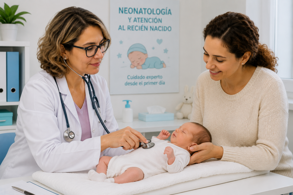 foto consulta pediátrica con bebé recien nacido